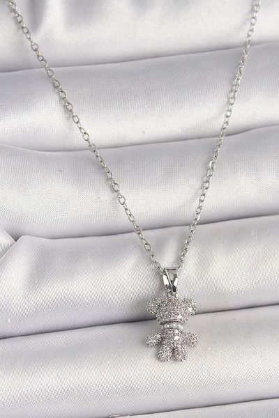 Avantaj Kapıda ®   316L Steel Silver Color Chain Zircon Stone Teddy Bear Figure Women's Necklace