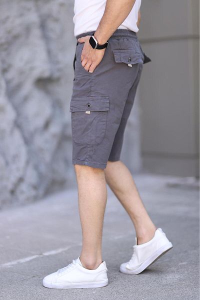 XORVİO Men's Lycra Gabardine Stylish Quality Gray Pocket Shorts Cotton Elastic Waist