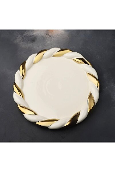 Kosova Çırağan Home Porselen Burgulu Gold Avangard Yuvarlak Sunum & Servis Tabağı & Dekoratif Sunumluk