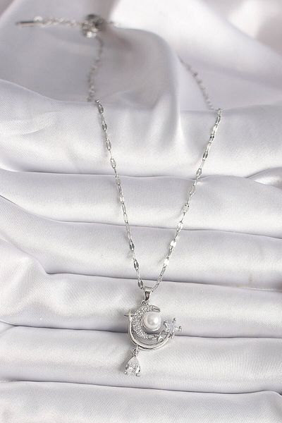 Avantaj Kapıda ®   316L Steel Silver Color Zircon Stone Moon Star Dangle Detail Women's Necklace