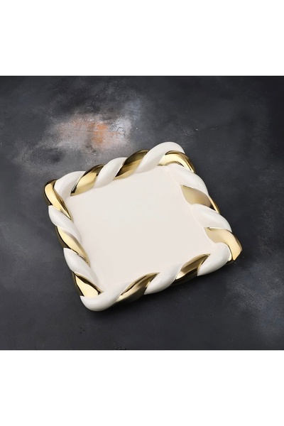 Kosova Çırağan Home Porselen Burgulu Gold Avangard Kare Sunum & Servis Tabağı & Dekoratif Sunumluk