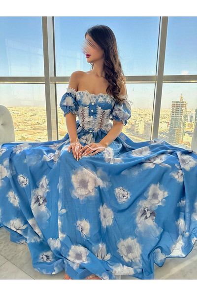 ALANOOD FASHION Rowan sky blue half-sleeved dress with cotton flowers