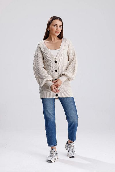 POİNE Hair Braided Balloon Sleeves Long Knitwear Cardigan (80 cm)