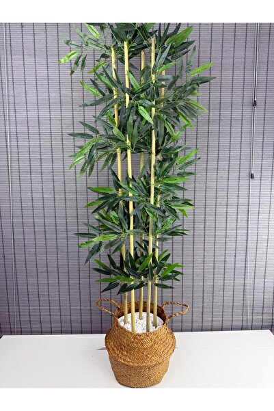 Bahçem Dekoratif Yapay Yapraklı 160cm 5 Gövde Katlanır Natural Hasır Bambu Se...
