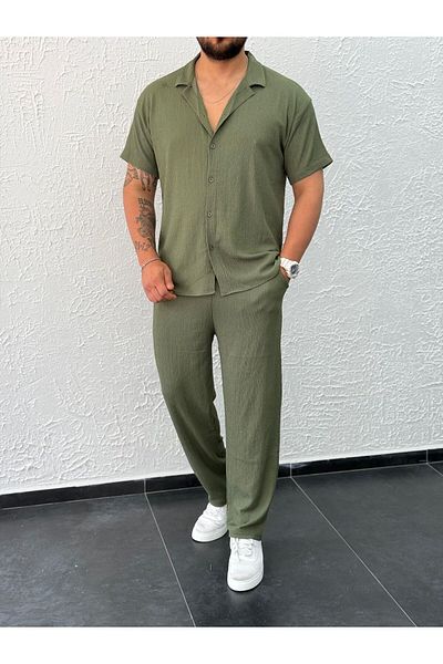 viperkombin Men's Short Sleeve Shirt and Pants 2-Piece Summer Suit Wrinkle Fabric