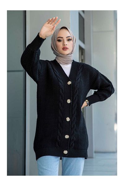 POİNE Hair Braided Balloon Sleeves Long Knitwear Cardigan (80 cm)
