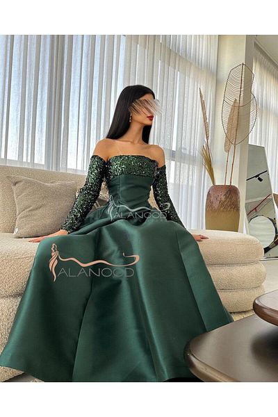 ALANOOD FASHION Soft Mikado Evening Dress with Sequin Sleeves