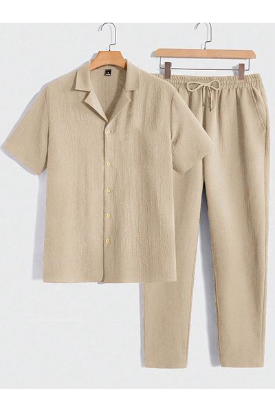 viperkombin Men's Short Sleeve Shirt and Pants 2-Piece Summer Suit Wrinkle Fabric