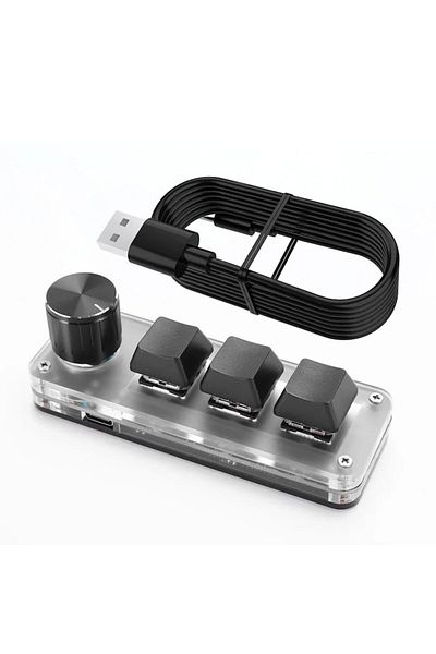 OEM Mini tastatură mecanică macro pentru jocuri, 3 taste, 1 potențiometru, programabilă, conexiune USB, neagră