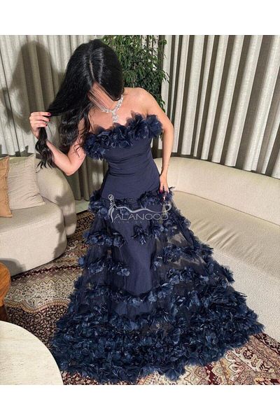 ALANOOD FASHION Navy blue evening dress decorated with roses in an elegant design