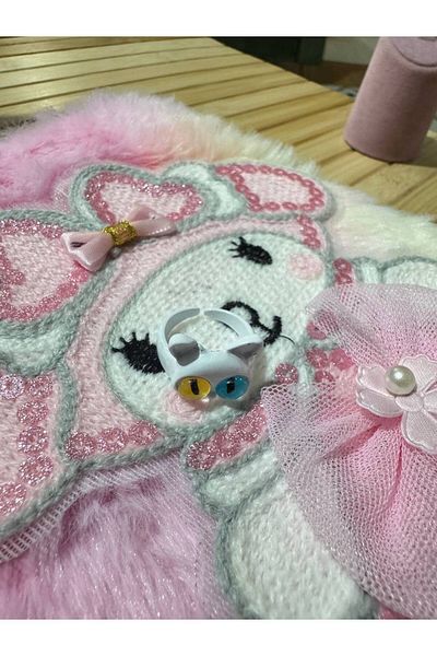 Herşey Nota Children's Ring with Colorful Eyes and Cute White Cat Figure – Minimal Design Resin Fixed Size