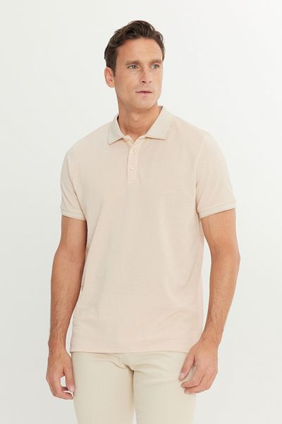 AC&Co / Altınyıldız Classics Ανδρικό μπλουζάκι με γιακά polo - Βαμβακερό που δεν συρρικνώνεται, λεπτή εφαρμογή, ανοιχτό μπεζ-λευκό, χωρίς μπούκλες
