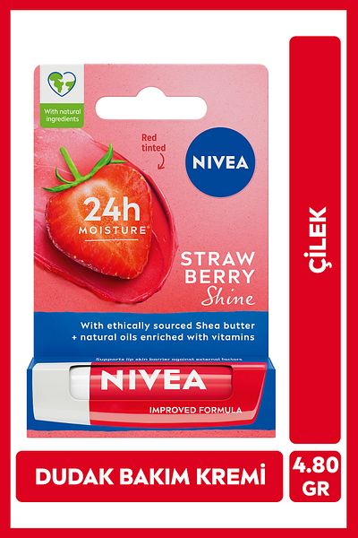 NIVEA Lip Care Cream and Lip Gloss 4.8gr, Strawberry Fragrance, 24 Hour Moisturizer, Light Red Radiance