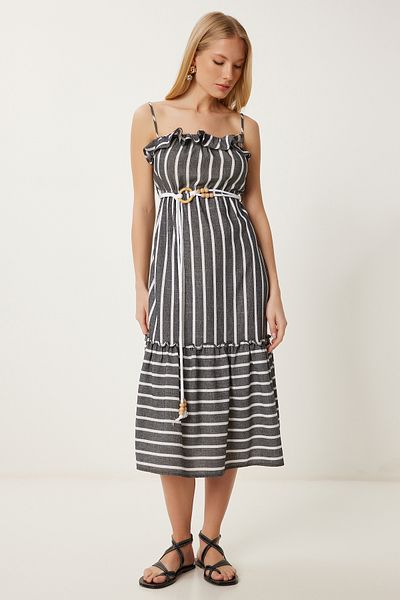 Happiness İstanbul Women's Anthracite Bone Striped Flounced Summer Woven Dress Li00126