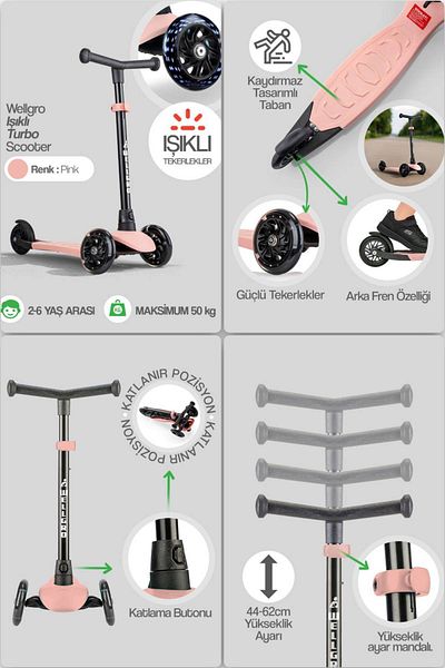 Wellgro Light up Scooter, Adjustable Height, Kids Scooter with Front Wheels Lights, Pink