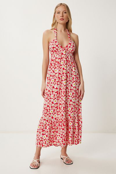 Happiness İstanbul Women's Red Floral Patterned Summer Viscose Dress Fk00019