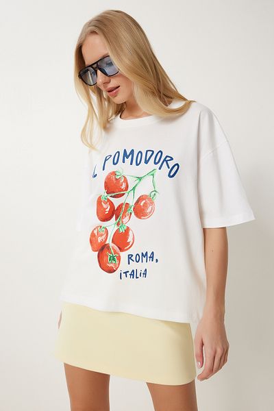 Happiness İstanbul Ecru bedrucktes Baumwoll-Oversize-Strick-T-Shirt für Frauen YY00237