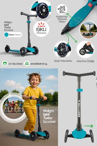 Wellgro Light up Scooter, Adjustable Height, Kids Scooter with Front Wheels Lights, Green