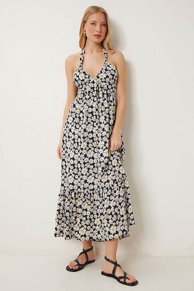 Happiness İstanbul Women's Black Floral Patterned Summer Viscose Dress Fk00019