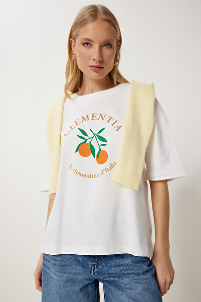 Happiness İstanbul Women's Ecru Printed Cotton Oversize Knitted T-Shirt Yy00238