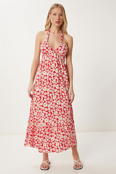 Happiness İstanbul Women's Red Floral Patterned Summer Viscose Dress Fk00019