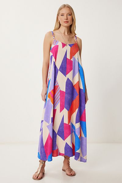 Happiness İstanbul Women's Orange Purple Strap Patterned Summer Woven Dress Rg00064