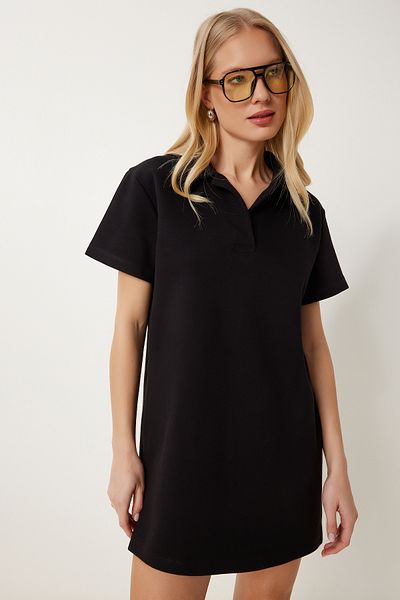 Happiness İstanbul Women's Black Polo Neck Pique Knitted Mini Dress Dp00253