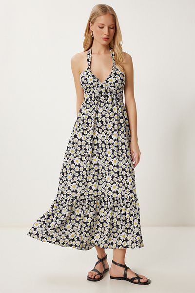 Happiness İstanbul Women's Black Floral Patterned Summer Viscose Dress Fk00019