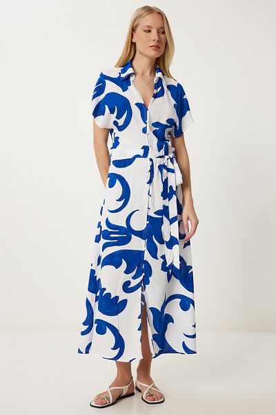 Happiness İstanbul Rochie cămașă din viscoză de vară cu model albastru alb pentru femei UB00390