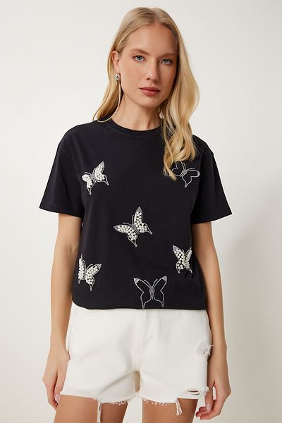 Happiness İstanbul Women's Black Pearl Butterfly Stone Knitted T-Shirt Mp00033