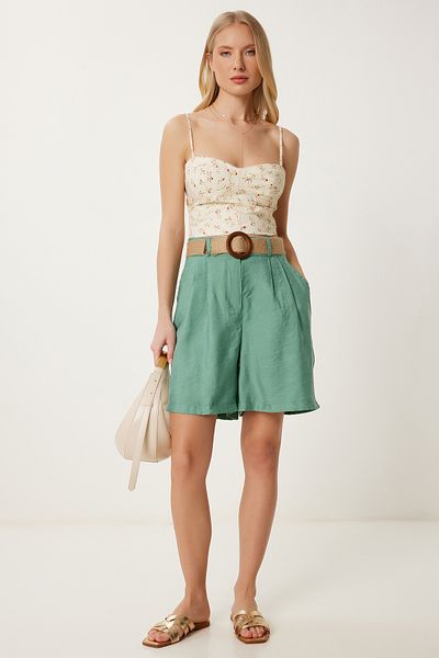 Happiness İstanbul Damen Çağla Green Straw Belted City Boy Ayrobin Bermuda Shorts DP00258