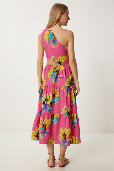 Happiness İstanbul Női rózsaszín sárga egy váll mintás Midi poplin ruha FK00018