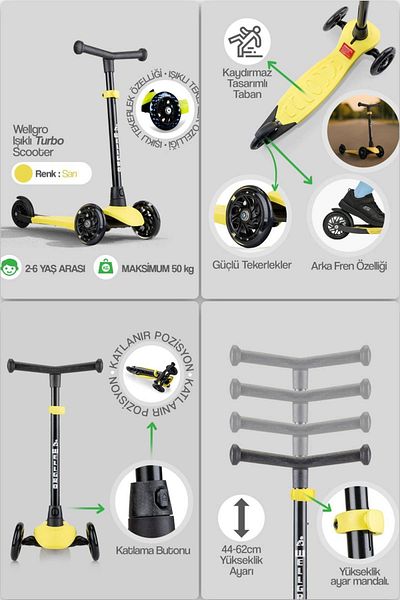 Wellgro Light up Scooter, Adjustable Height, Kids Scooter with Front Wheels Lights, Yellow