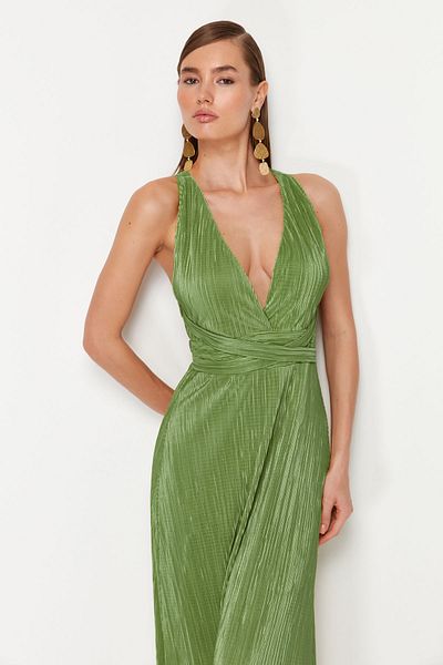 Trendyol Collection Zelené A-Line Belted Asta Pletené šaty Noční promoce TPRSS24AE00020