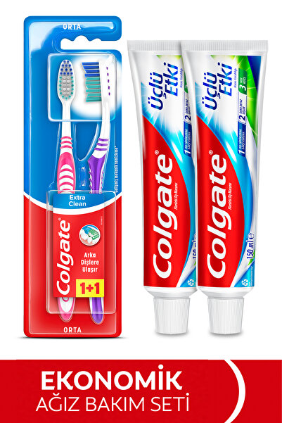 Colgate Üçlü Etki 150ml Diş Macunu x2 + Extra Clean Colors 1+1 Diş Fırçası