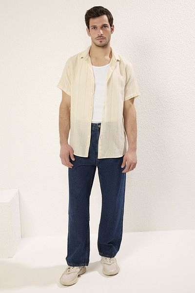 Trendyol Collection Καλοκαιρινό πουκάμισο Premium Beige Regular Fit με ριγέ υφή TMNSS23GO00063
