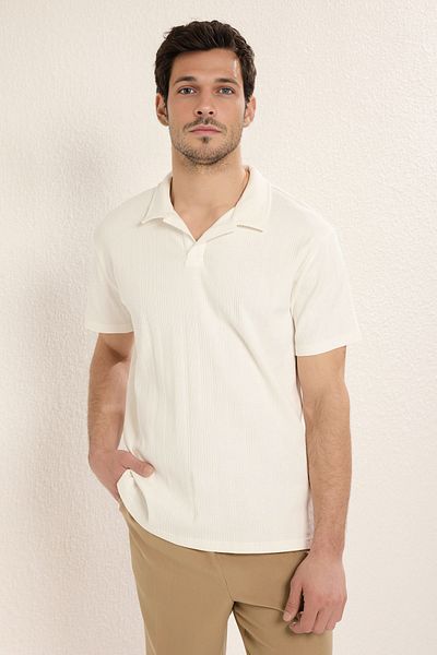 Trendyol Collection Ecrufarbenes Basic-T-Shirt mit Polokragen – reguläre Passform TMNSS25PO00000
