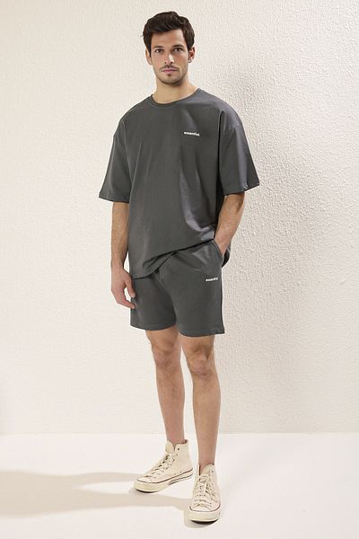 Trendyol Collection Σετ φόρμας Anthracite Oversize - Τυπωμένο κείμενο, 100% βαμβάκι, TMNSS24EM00003