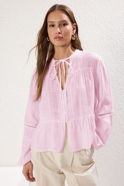 Trendyol Collection Light Pink Cotton Textured Fabric Lacy on the Sleeve Regular Normal Fit Woven Shirt Twoss25Go00038