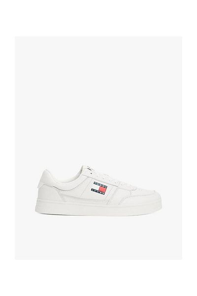 Tommy Hilfiger Ανδρικό casual επίπεδη σόλα με αναπνεύσιμη επάνω επιφάνεια δερμάτινο λευκό πάνινα παπούτσια EM0EM01574-YBL