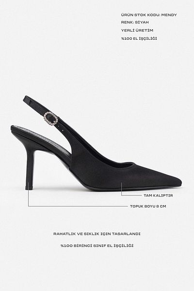 NİŞANTAŞI SHOES Dámské boty na podpatku se špičatou špičkou v černém saténovém pásku Mendy