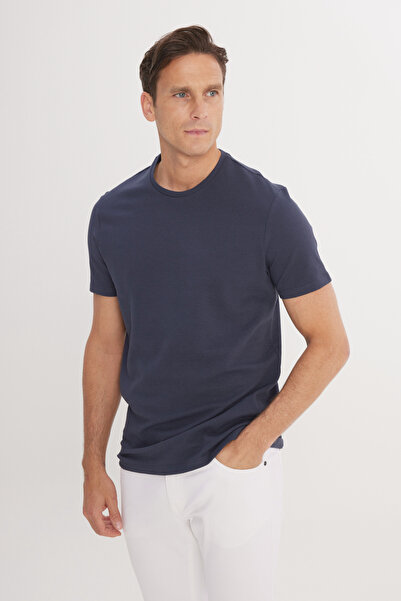 AC&Co / Altınyıldız Classics Pánské námořnicky modré flexibilní slim fit modalové tričko – kulatý výstřih, měkký knoflík
