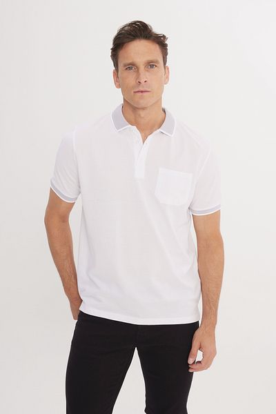 AC&Co / Altınyıldız Classics Ανδρικό μπλουζάκι με λευκό γιακά πόλο - Βαμβακερό που δεν συρρικνώνεται, κανονική εφαρμογή, με τσέπη