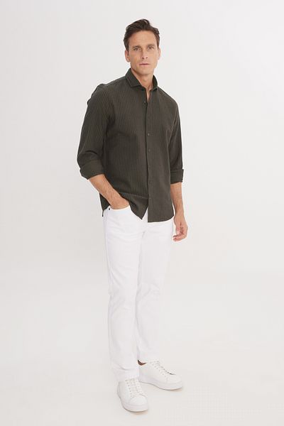 ALTINYILDIZ CLASSICS Men's Khaki Slim Fit Slim Fit Italian Collar 100% Cotton Seersucker Shirt