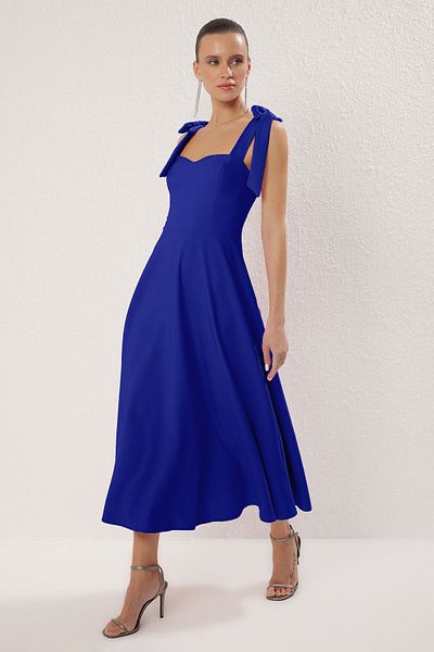 Trendyol Collection Saks A-Line Strap Binding Detailed Woven Midi Stylish Evening Dress Night Graduation Dress Tprss24El00251