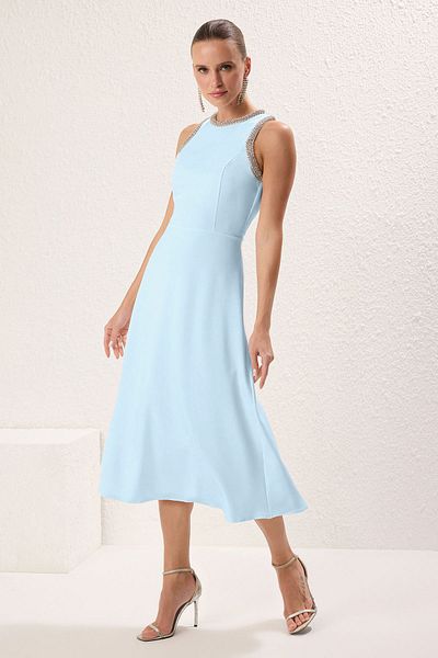 Trendyol Collection Blue A-Line Woven Evening Dress with Stone Accessories Night Homecoming Dress Tprss24El00178