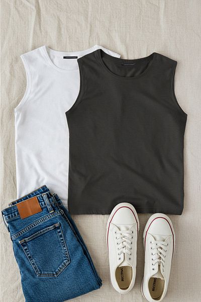 Trendyol Collection 2 Συσκευασία Λευκά και Ανθρακί υπερμεγέθη βαμβακερά αμάνικα μπλουζάκια/σπίτες - TMNSS22AL0070