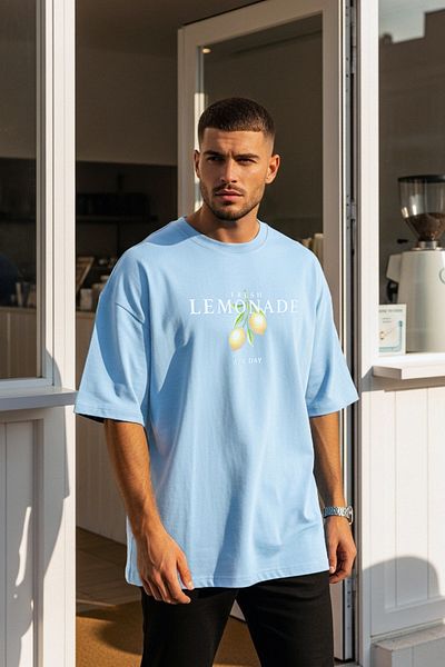Trendyol Collection Μπλουζάκι Unisex ανοιχτό μπλε υπερμεγέθη τυπωμένο μπλουζάκι - TMNSS23TS00089