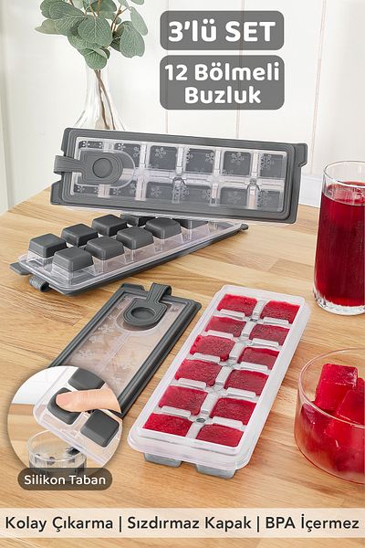 Meleni Home 3 Pieces Silicone Push-Pull Ice Tray - 12 Chamber Non-Stick Silicone Cocktail Presentation Ice Mold with Lid Gray