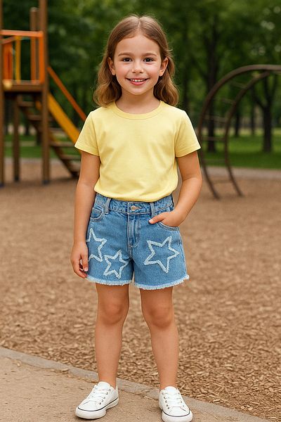 TRENDYOLKIDS Light Blue Girls 100% Cotton Star Detail Elastic Denim Shorts & Bermuda Tkdss25Sr00035